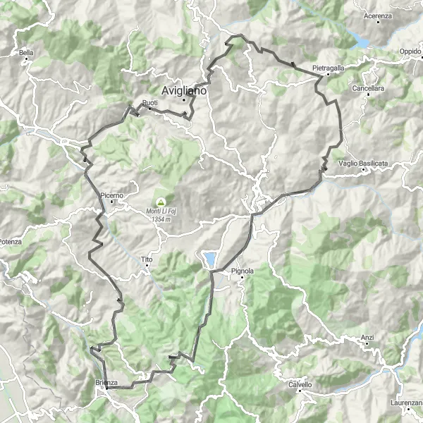Miniatura della mappa di ispirazione al ciclismo "Tra Borghi e Colline Lucane" nella regione di Basilicata, Italy. Generata da Tarmacs.app, pianificatore di rotte ciclistiche