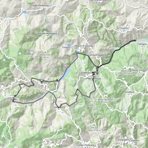 Map miniature of "Road Cycling Adventure in Calvello" cycling inspiration in Basilicata, Italy. Generated by Tarmacs.app cycling route planner