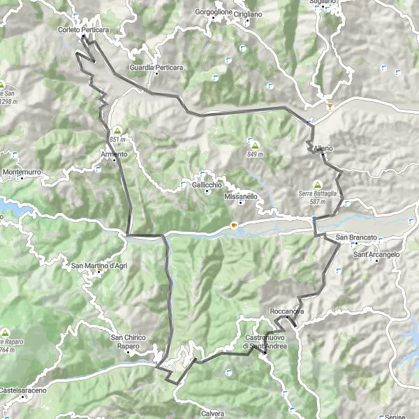 Miniatura della mappa di ispirazione al ciclismo "Scoperta in bici da Corleto Perticara a Armento" nella regione di Basilicata, Italy. Generata da Tarmacs.app, pianificatore di rotte ciclistiche