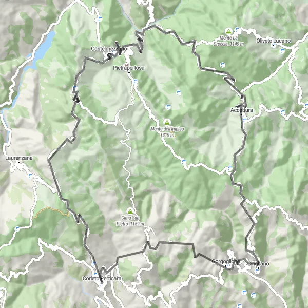 Miniatura della mappa di ispirazione al ciclismo "Alla Scoperta dei Monti e Borghi della Basilicata" nella regione di Basilicata, Italy. Generata da Tarmacs.app, pianificatore di rotte ciclistiche