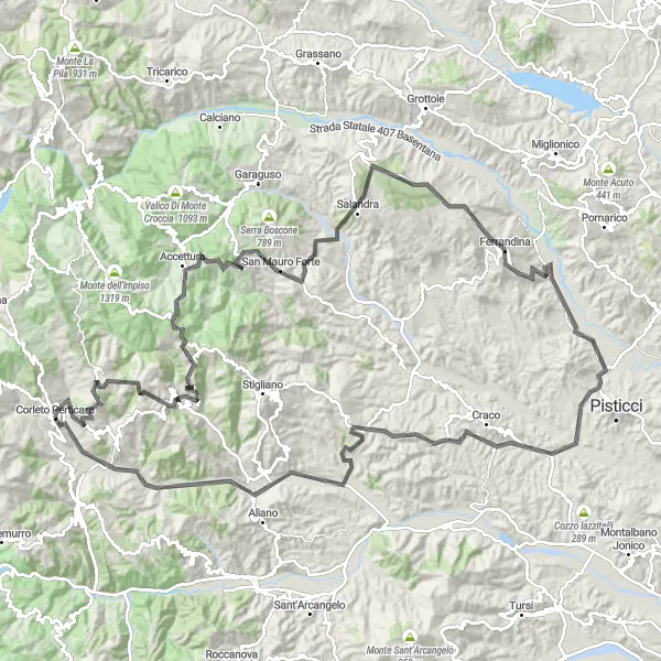 Miniatura della mappa di ispirazione al ciclismo "Tra Rocche Medievali e Paesaggi Incantati" nella regione di Basilicata, Italy. Generata da Tarmacs.app, pianificatore di rotte ciclistiche