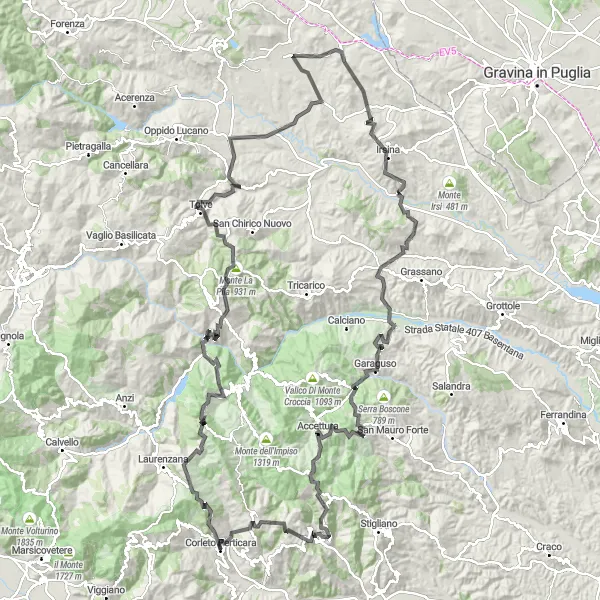 Miniatura della mappa di ispirazione al ciclismo "Sfida in Salita verso Monti e Borghi dell'entroterra" nella regione di Basilicata, Italy. Generata da Tarmacs.app, pianificatore di rotte ciclistiche