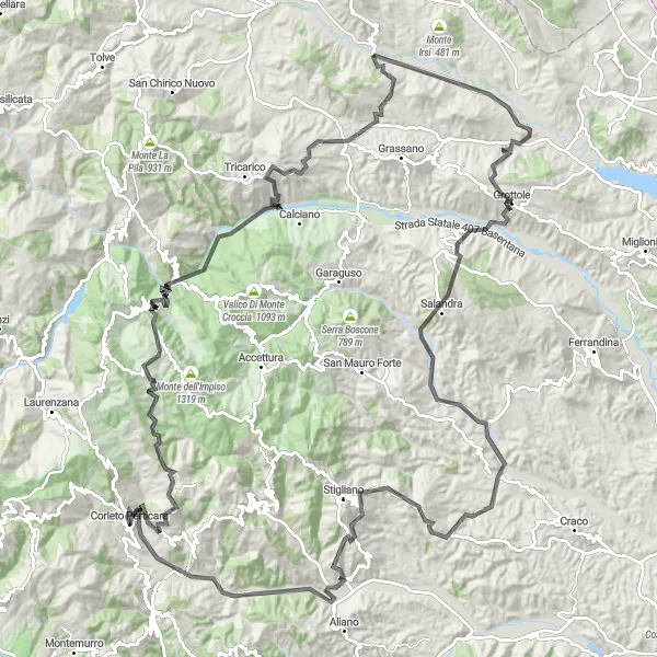 Miniatura della mappa di ispirazione al ciclismo "Avventura ciclistica da Corleto Perticara a Salandra" nella regione di Basilicata, Italy. Generata da Tarmacs.app, pianificatore di rotte ciclistiche