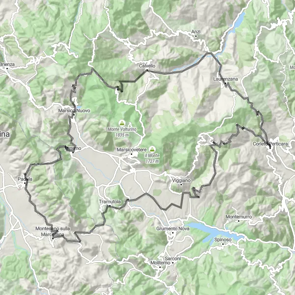 Miniatura della mappa di ispirazione al ciclismo "Tour ciclistico tra Corleto Perticara e Calvello" nella regione di Basilicata, Italy. Generata da Tarmacs.app, pianificatore di rotte ciclistiche