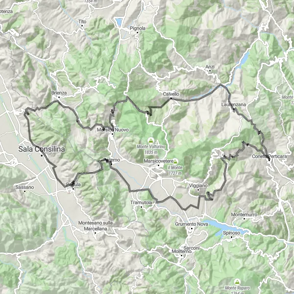 Miniatura della mappa di ispirazione al ciclismo "Tour della Certosa e del Vallo di Diano" nella regione di Basilicata, Italy. Generata da Tarmacs.app, pianificatore di rotte ciclistiche