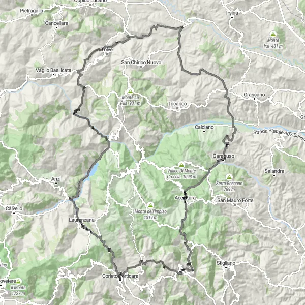 Miniatura della mappa di ispirazione al ciclismo "Avventura in bicicletta da Corleto Perticara a Cirigliano" nella regione di Basilicata, Italy. Generata da Tarmacs.app, pianificatore di rotte ciclistiche