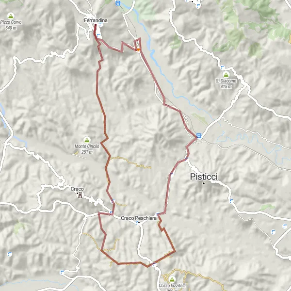 Miniatura della mappa di ispirazione al ciclismo "Cicloturismo gravel da Ferrandina a Tempa San Lorenzo" nella regione di Basilicata, Italy. Generata da Tarmacs.app, pianificatore di rotte ciclistiche