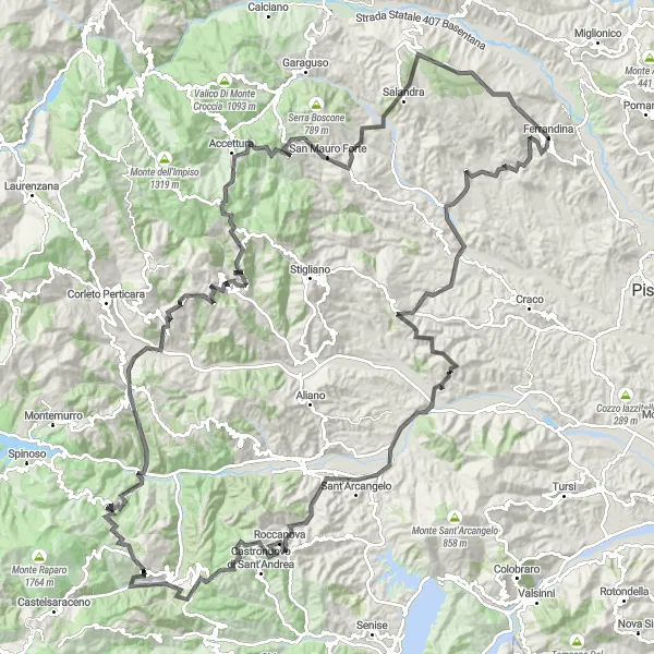 Miniatura della mappa di ispirazione al ciclismo "Cicloturismo da Ferrandina a Salandra" nella regione di Basilicata, Italy. Generata da Tarmacs.app, pianificatore di rotte ciclistiche