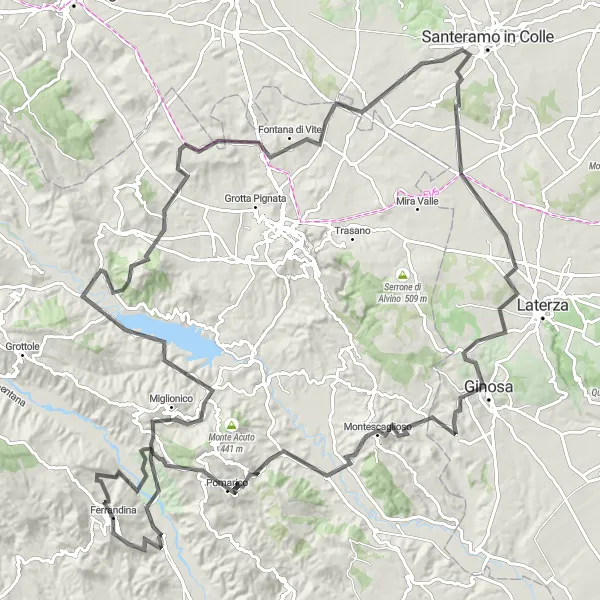 Miniatura della mappa di ispirazione al ciclismo "Tour ciclistico panoramico tra Miglionico e Pomarico" nella regione di Basilicata, Italy. Generata da Tarmacs.app, pianificatore di rotte ciclistiche