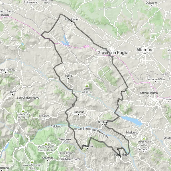 Map miniature of "Serra di Grillo Epic Road Route" cycling inspiration in Basilicata, Italy. Generated by Tarmacs.app cycling route planner