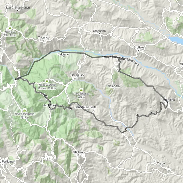 Map miniature of "Monte Malerba Road Route" cycling inspiration in Basilicata, Italy. Generated by Tarmacs.app cycling route planner
