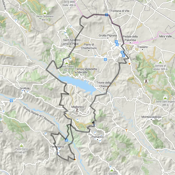 Miniatura della mappa di ispirazione al ciclismo "Giro in bici da Ferrandina attraverso Monte Timbro" nella regione di Basilicata, Italy. Generata da Tarmacs.app, pianificatore di rotte ciclistiche