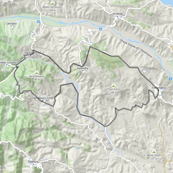 Miniatura della mappa di ispirazione al ciclismo "Passeggiata in Bicicletta da Ferrandina a Timpa Tintinna" nella regione di Basilicata, Italy. Generata da Tarmacs.app, pianificatore di rotte ciclistiche