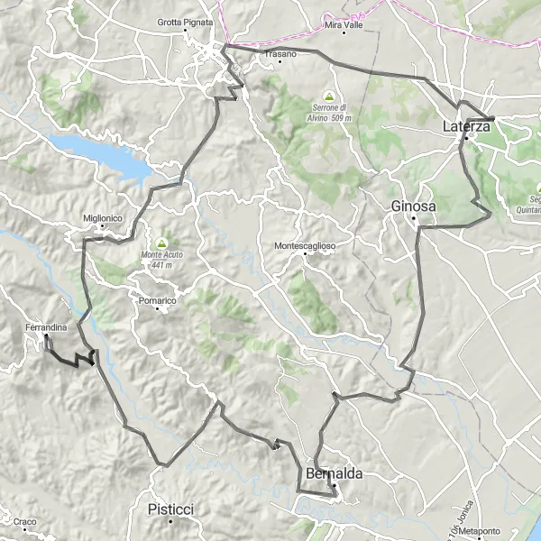 Miniatura della mappa di ispirazione al ciclismo "Tour in Bicicletta Miglionico - Bernalda" nella regione di Basilicata, Italy. Generata da Tarmacs.app, pianificatore di rotte ciclistiche