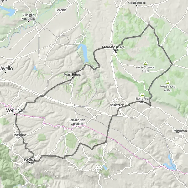 Map miniature of "Forenza to Spinazzola Scenic Ride" cycling inspiration in Basilicata, Italy. Generated by Tarmacs.app cycling route planner