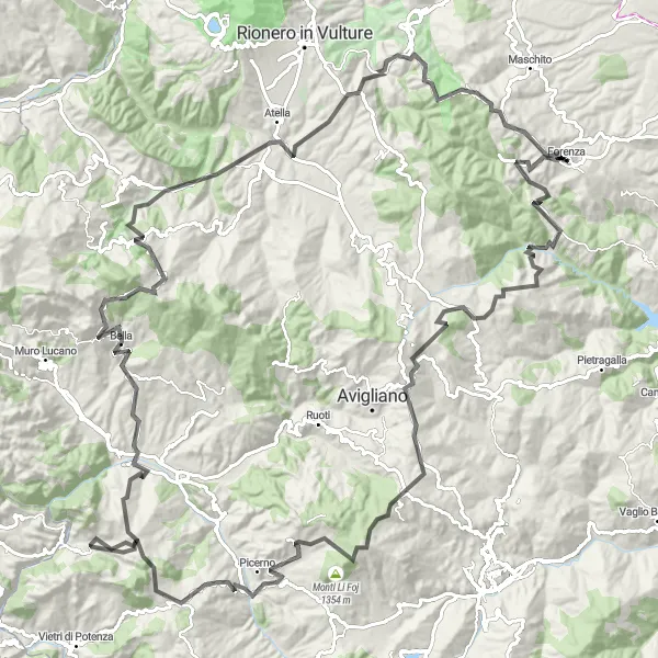 Map miniature of "Ultimate Challenge: Forenza to Ripacandida" cycling inspiration in Basilicata, Italy. Generated by Tarmacs.app cycling route planner