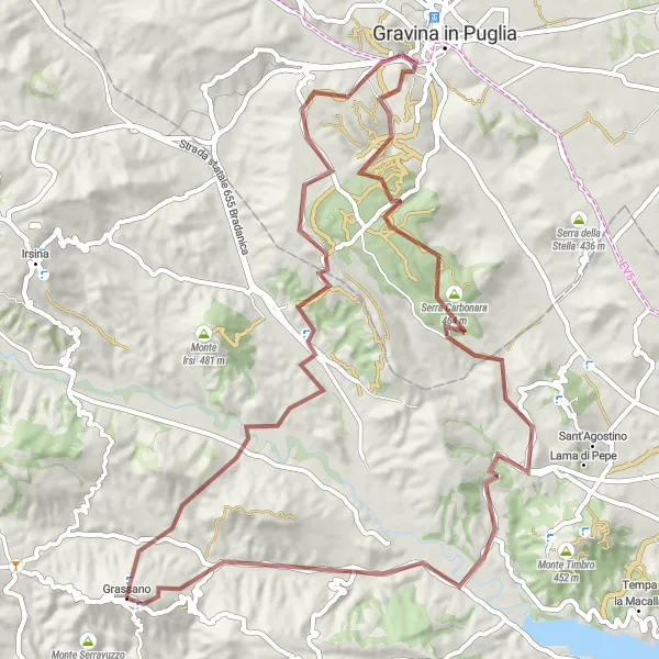 Miniatura della mappa di ispirazione al ciclismo "Giro in bicicletta gravel tra Grassano e Monte Mattocca" nella regione di Basilicata, Italy. Generata da Tarmacs.app, pianificatore di rotte ciclistiche