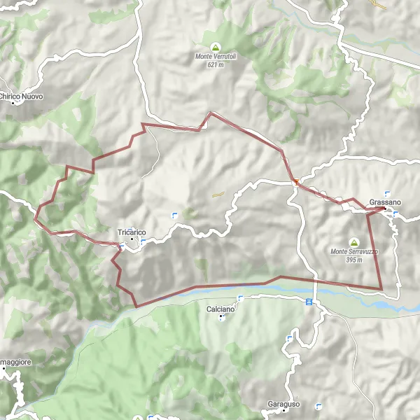 Miniatura della mappa di ispirazione al ciclismo "Tour in gravel da Tricarico a Grassano" nella regione di Basilicata, Italy. Generata da Tarmacs.app, pianificatore di rotte ciclistiche