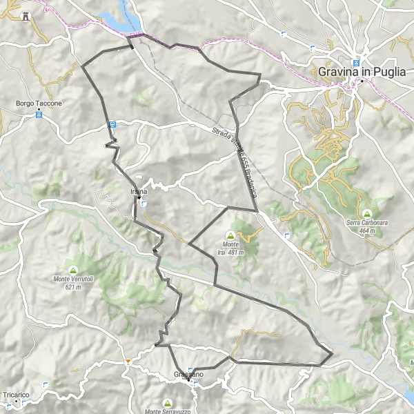 Miniatura della mappa di ispirazione al ciclismo "Passeggiata in bicicletta tra I Cinti di Grassano" nella regione di Basilicata, Italy. Generata da Tarmacs.app, pianificatore di rotte ciclistiche