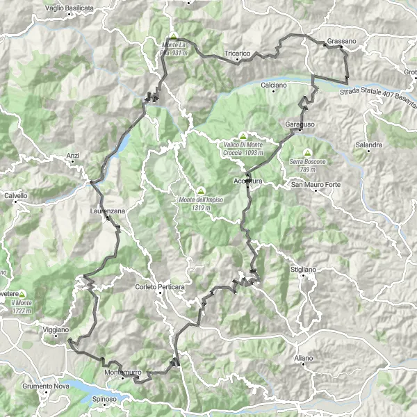 Map miniature of "The Ultimate Mountain Challenge" cycling inspiration in Basilicata, Italy. Generated by Tarmacs.app cycling route planner