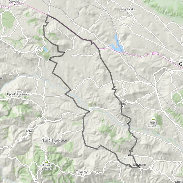 Miniatura della mappa di ispirazione al ciclismo "Itinerario cicloturistico da Grassano a Irsina" nella regione di Basilicata, Italy. Generata da Tarmacs.app, pianificatore di rotte ciclistiche