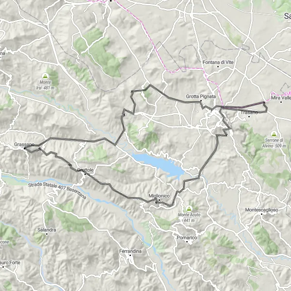 Map miniature of "Scenic Road Cycling Route through Basilicata and Matera" cycling inspiration in Basilicata, Italy. Generated by Tarmacs.app cycling route planner