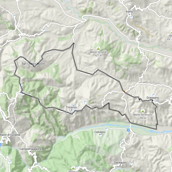 Map miniature of "Scenic Road Cycling Tour from Grassano to Tricarico" cycling inspiration in Basilicata, Italy. Generated by Tarmacs.app cycling route planner