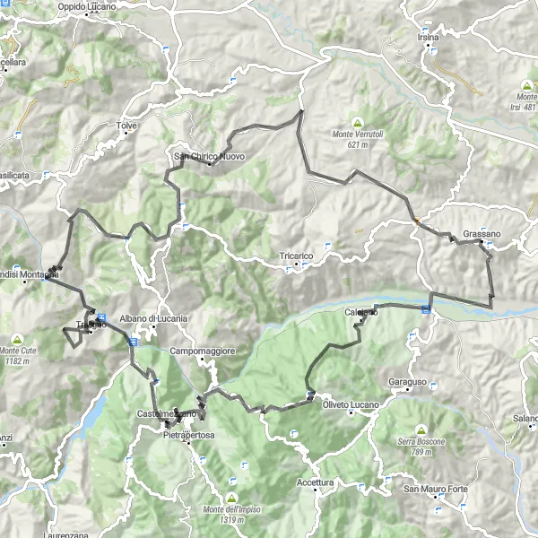 Miniatura della mappa di ispirazione al ciclismo "Esplorazione in bicicletta da Calciano a Grassano" nella regione di Basilicata, Italy. Generata da Tarmacs.app, pianificatore di rotte ciclistiche