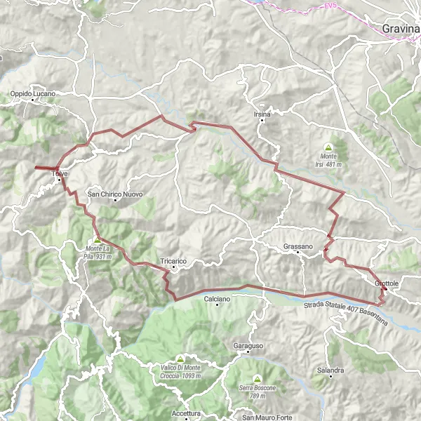 Miniatura della mappa di ispirazione al ciclismo "Tour in bicicletta gravel da Grottole a Tricarico" nella regione di Basilicata, Italy. Generata da Tarmacs.app, pianificatore di rotte ciclistiche