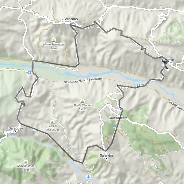 Miniatura della mappa di ispirazione al ciclismo "Passeggiata in bicicletta da Grottole a Garaguso" nella regione di Basilicata, Italy. Generata da Tarmacs.app, pianificatore di rotte ciclistiche