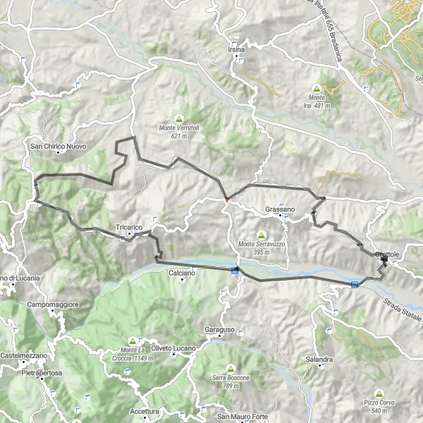 Miniatura della mappa di ispirazione al ciclismo "Giro collinare di 86 km" nella regione di Basilicata, Italy. Generata da Tarmacs.app, pianificatore di rotte ciclistiche