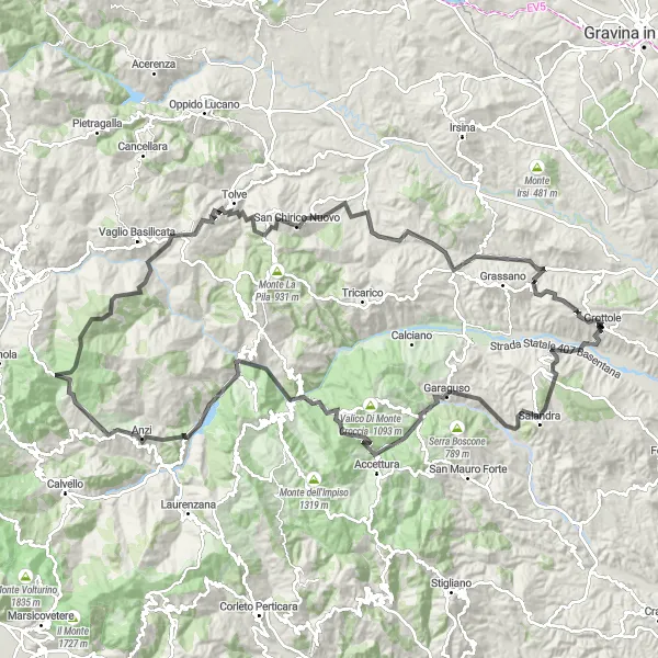 Miniatura della mappa di ispirazione al ciclismo "Avventura tra le montagne di Basilicata" nella regione di Basilicata, Italy. Generata da Tarmacs.app, pianificatore di rotte ciclistiche