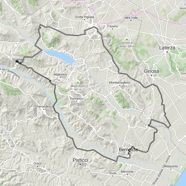 Miniatura della mappa di ispirazione al ciclismo "Avventura in bicicletta da Grottole a Matera" nella regione di Basilicata, Italy. Generata da Tarmacs.app, pianificatore di rotte ciclistiche