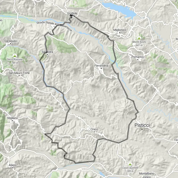 Map miniature of "Historic Villages and Natural Beauty" cycling inspiration in Basilicata, Italy. Generated by Tarmacs.app cycling route planner