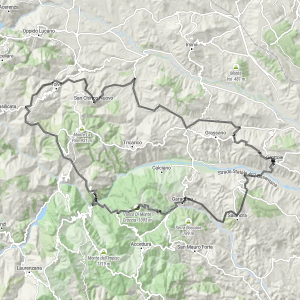 Miniatura della mappa di ispirazione al ciclismo "Esplorazione delle colline circostanti" nella regione di Basilicata, Italy. Generata da Tarmacs.app, pianificatore di rotte ciclistiche
