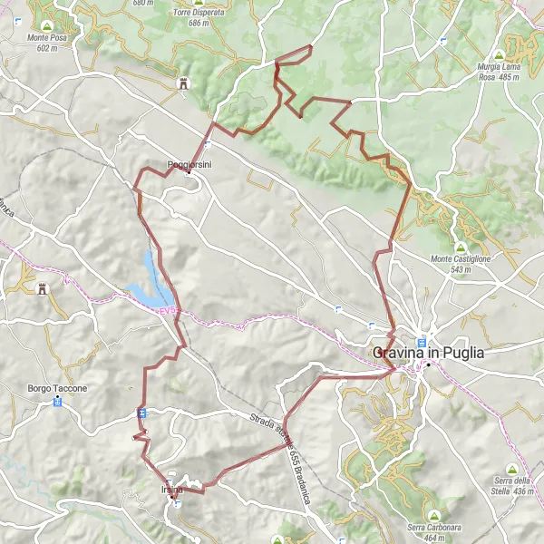 Miniatura della mappa di ispirazione al ciclismo "Esplorazione delle strade sterrate lucane" nella regione di Basilicata, Italy. Generata da Tarmacs.app, pianificatore di rotte ciclistiche