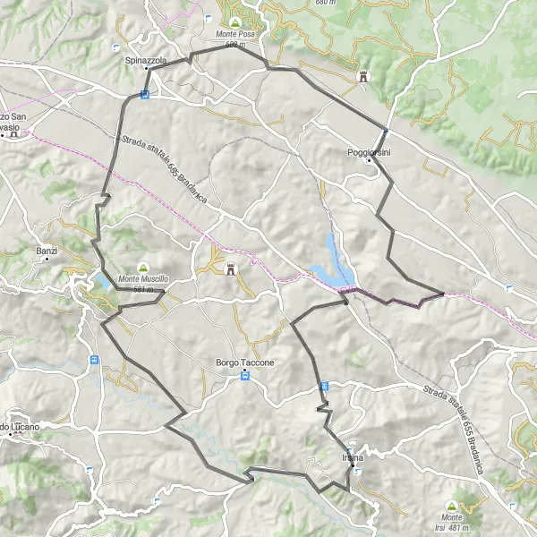 Map miniature of "The Spinazzola Loop" cycling inspiration in Basilicata, Italy. Generated by Tarmacs.app cycling route planner