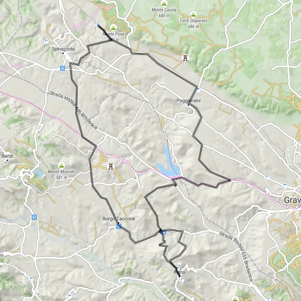 Miniatura della mappa di ispirazione al ciclismo "Giro in Bici da Irsina a Borgo Taccone" nella regione di Basilicata, Italy. Generata da Tarmacs.app, pianificatore di rotte ciclistiche