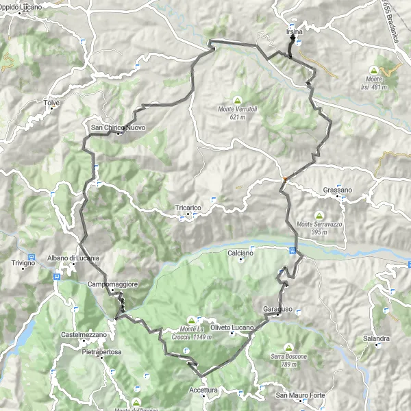 Map miniature of "The Mountain Challenge" cycling inspiration in Basilicata, Italy. Generated by Tarmacs.app cycling route planner