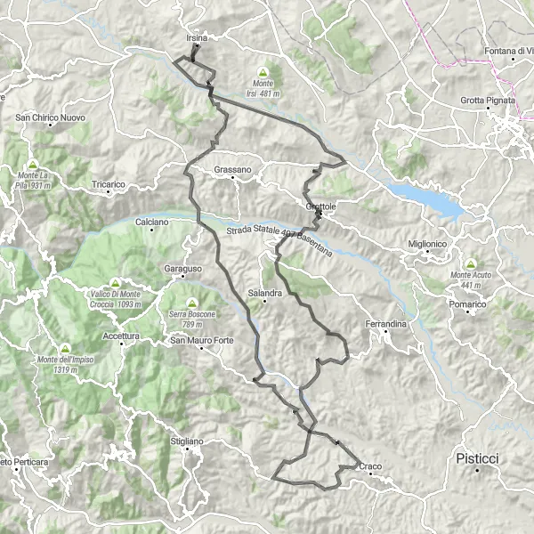Miniatura della mappa di ispirazione al ciclismo "Avventura epica attraverso le montagne lucane" nella regione di Basilicata, Italy. Generata da Tarmacs.app, pianificatore di rotte ciclistiche