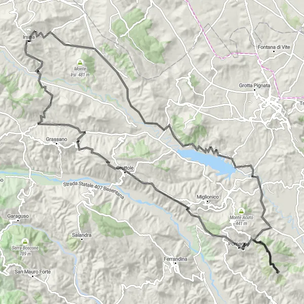 Miniatura della mappa di ispirazione al ciclismo "Grande giro tra le colline lucane" nella regione di Basilicata, Italy. Generata da Tarmacs.app, pianificatore di rotte ciclistiche