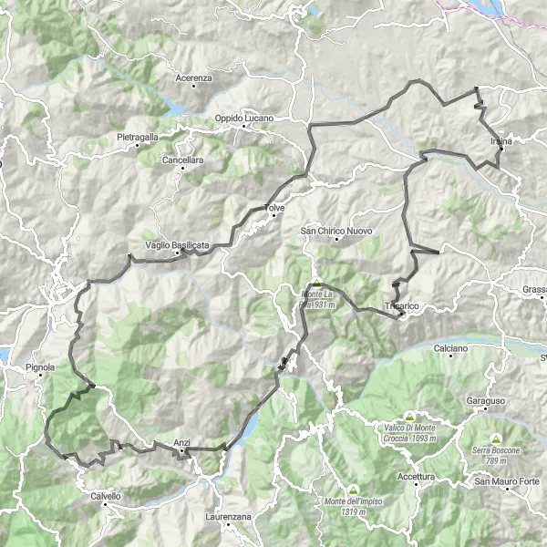 Miniatura della mappa di ispirazione al ciclismo "Alla scoperta dei tesori nascosti della Basilicata" nella regione di Basilicata, Italy. Generata da Tarmacs.app, pianificatore di rotte ciclistiche