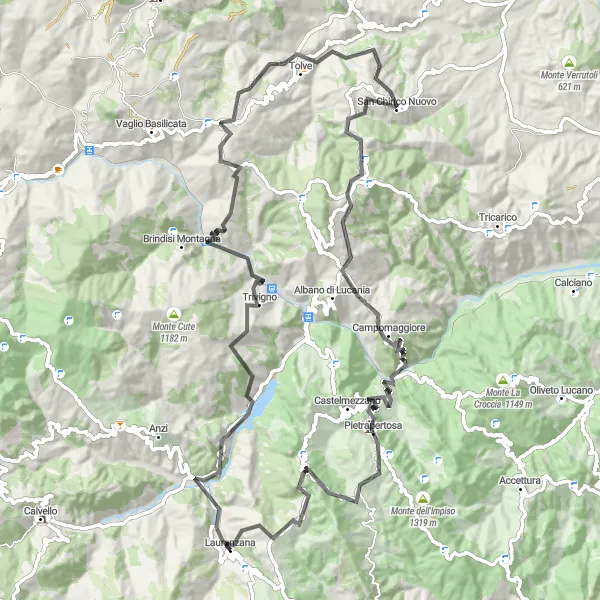 Map miniature of "The Lucanian Dolomites" cycling inspiration in Basilicata, Italy. Generated by Tarmacs.app cycling route planner