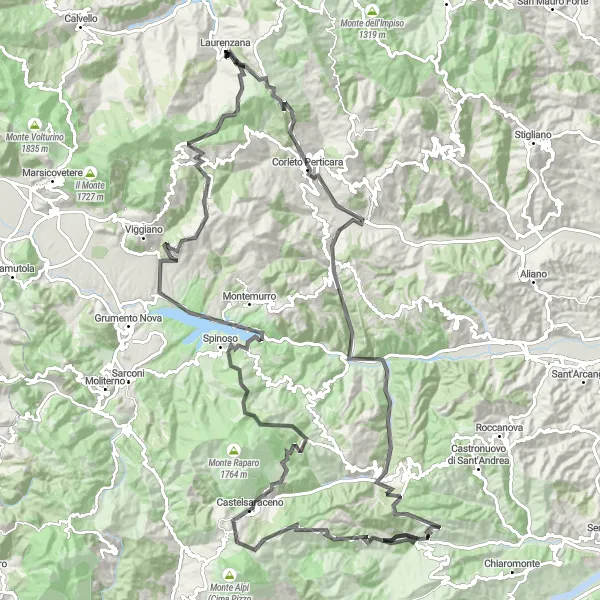 Miniatura della mappa di ispirazione al ciclismo "Cicloturismo tra Corleto Perticara e Lago del Pertusillo" nella regione di Basilicata, Italy. Generata da Tarmacs.app, pianificatore di rotte ciclistiche