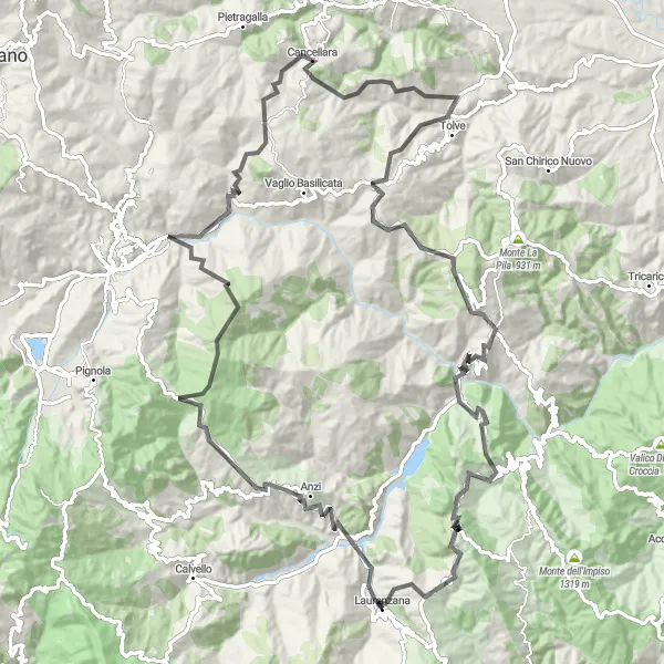 Miniatura della mappa di ispirazione al ciclismo "Giro in bicicletta da Laurenzana a Castelmezzano" nella regione di Basilicata, Italy. Generata da Tarmacs.app, pianificatore di rotte ciclistiche