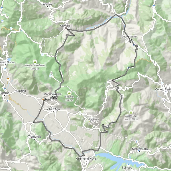 Miniatura della mappa di ispirazione al ciclismo "Giro in bicicletta da Laurenzana a Serra Lago Todaro" nella regione di Basilicata, Italy. Generata da Tarmacs.app, pianificatore di rotte ciclistiche