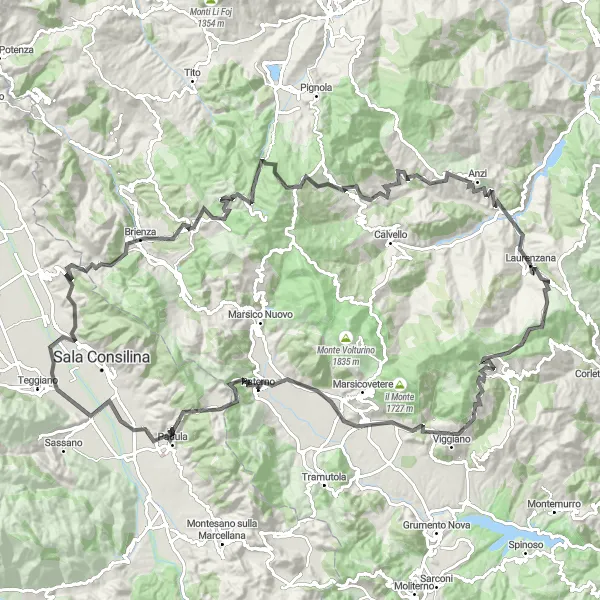 Map miniature of "The Masana Challenge" cycling inspiration in Basilicata, Italy. Generated by Tarmacs.app cycling route planner