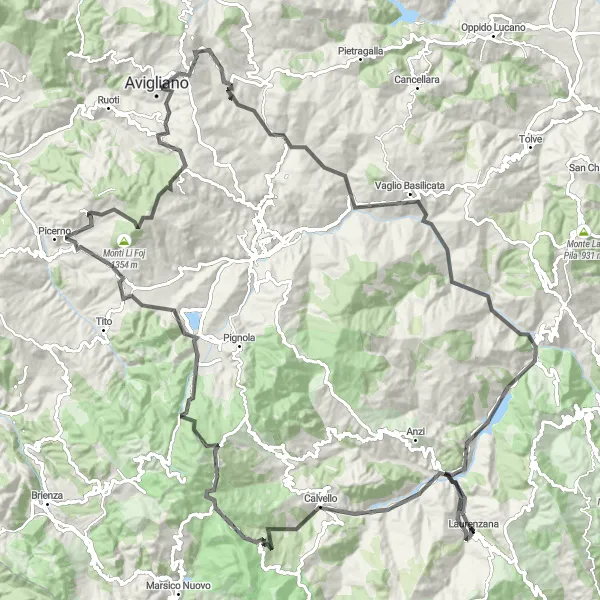 Map miniature of "The Calvello Loop" cycling inspiration in Basilicata, Italy. Generated by Tarmacs.app cycling route planner