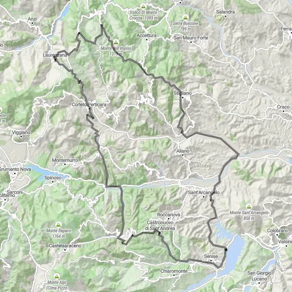 Miniatura della mappa di ispirazione al ciclismo "Giro dei Borghi Lucani" nella regione di Basilicata, Italy. Generata da Tarmacs.app, pianificatore di rotte ciclistiche