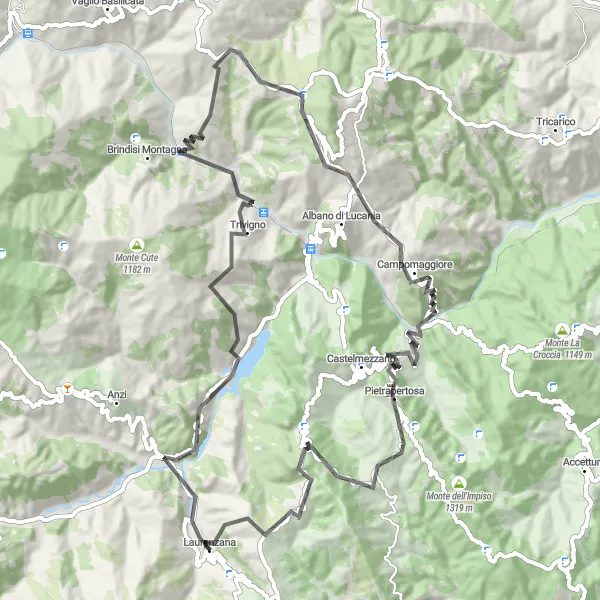 Map miniature of "The Mountainous Adventure" cycling inspiration in Basilicata, Italy. Generated by Tarmacs.app cycling route planner